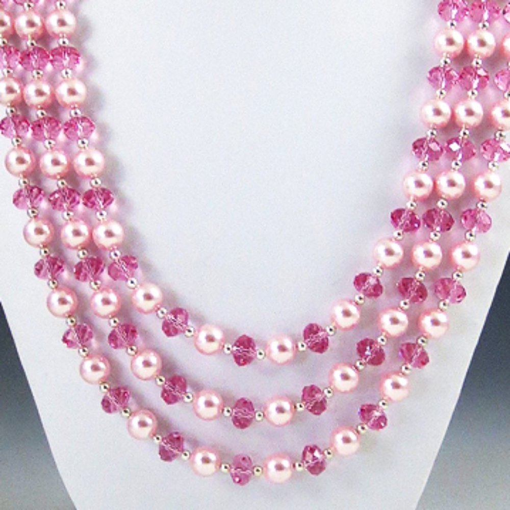Crystal, Crystal Pearl, Sterling 3-Strand Necklace